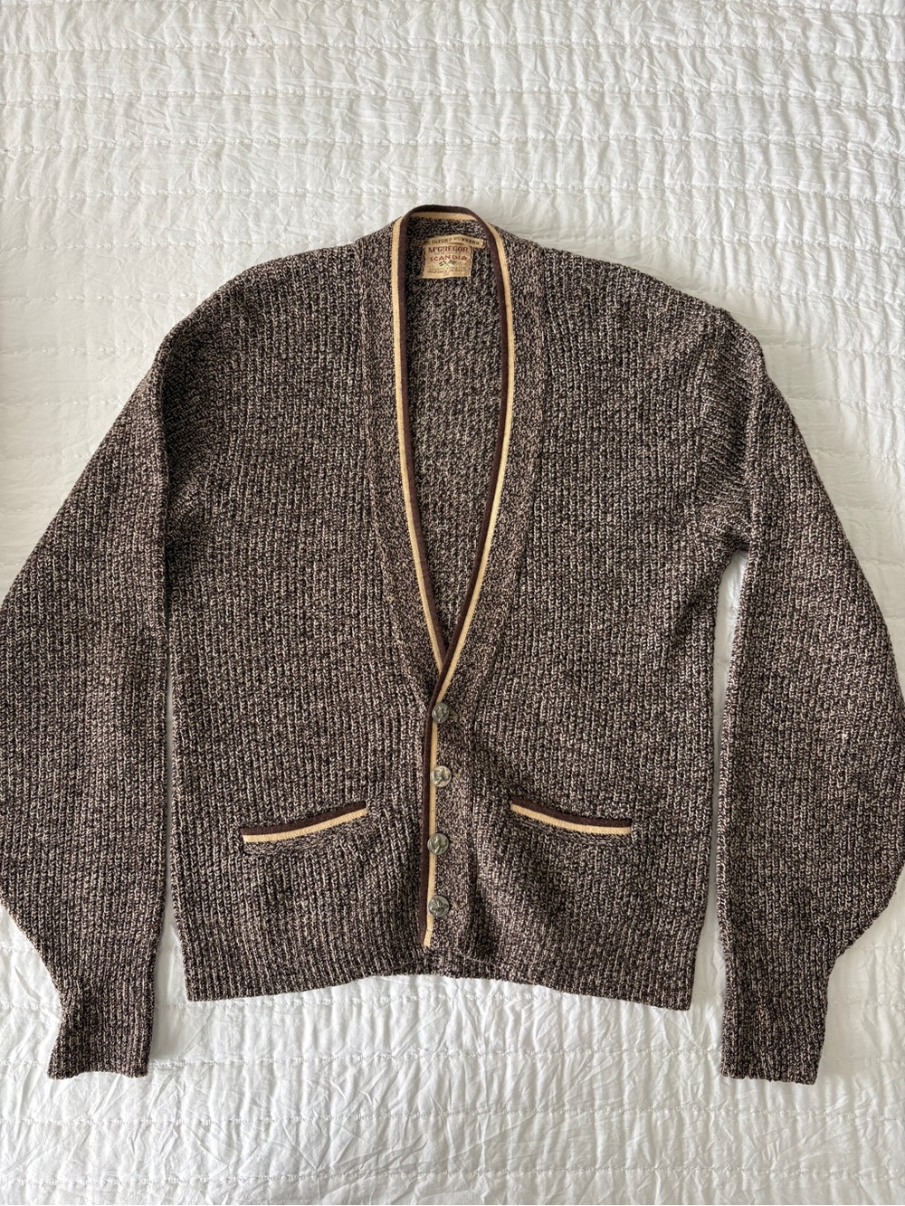 Vintage 1950’s/60’s McGregor Brown Marled Shawl Cardigan with Tan Trim